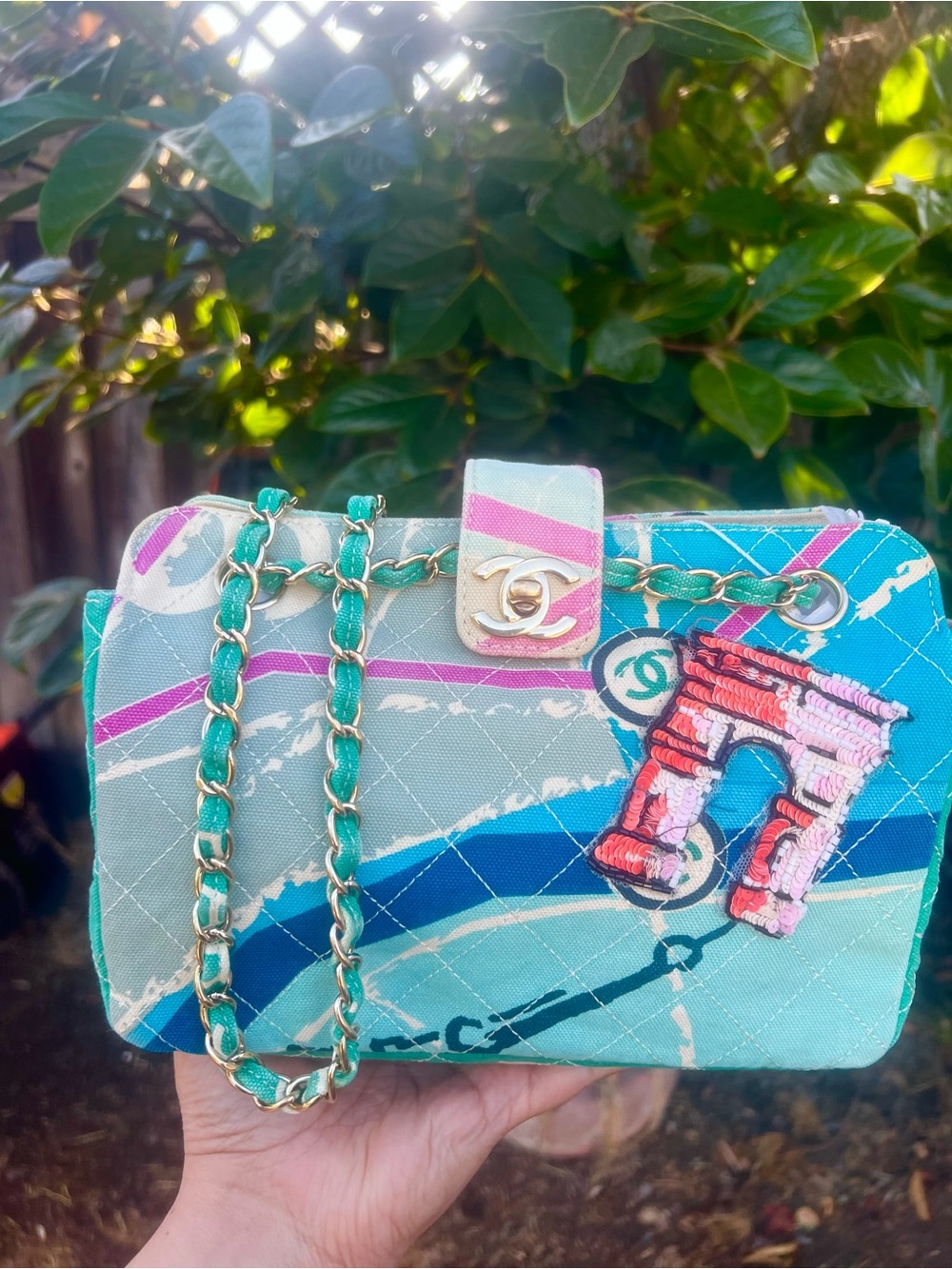 Chanel Vinatge MULTICOLORED EMBELLISHED CANVAS SHOULDER BAG